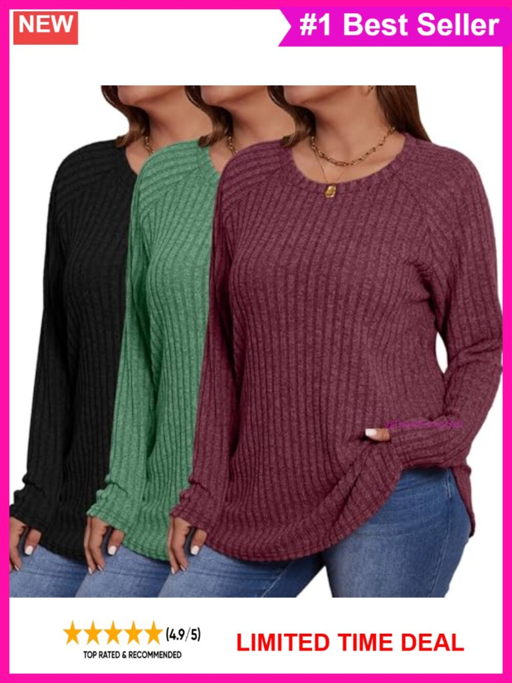 Plus Size Thermal Tunics 3 Pack Long Sleeve Curved Hem Sweaters